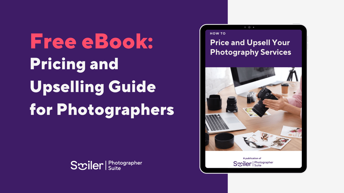 Free ebook banner that reads "Pricing and Upselling Guide for Photographers"
